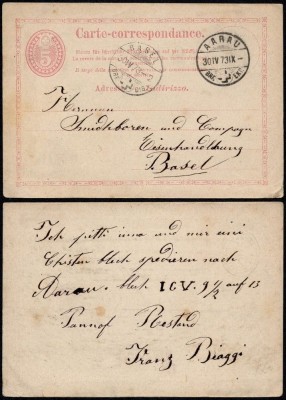 Switzerland 1873 Old postcard postal stationery Aarau to Basel DB.112 foto