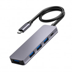 Adaptor Hub Multifunctional 5 In 1 Techstar? ZFZ5IN1B, USB-C, 1 X USB 3.0, 3 X USB 2.0, PD Port, Compatibil PC, Memorie USB, HDD Extern, Argintiu foto