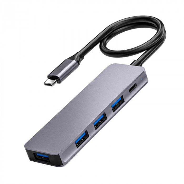 Adaptor Hub Multifunctional 5 In 1 Techstar&reg; ZFZ5IN1B, USB-C, 1 X USB 3.0, 3 X USB 2.0, PD Port, Compatibil PC, Memorie USB, HDD Extern, Argintiu