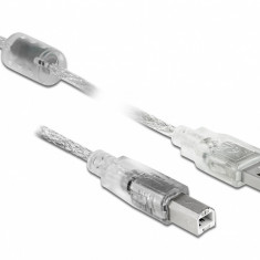 Cablu USB 2.0 tip A-B cu ferita 5m transparent, Delock 83896