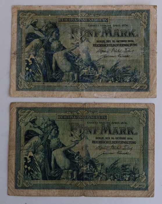 Set 2 bancnote Germania - 5 Mark 1904 - Ambele variante cu 6 si 7 cifre