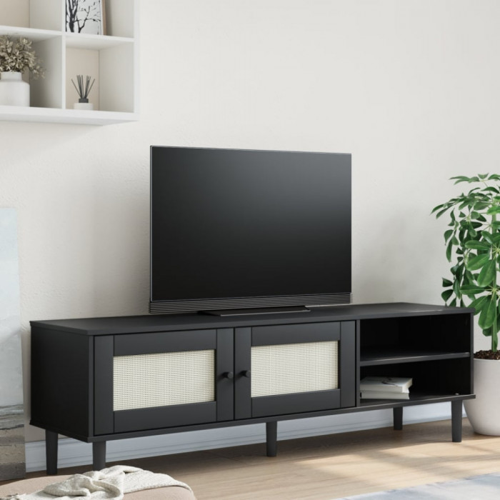 Comoda TV SENJA aspect ratan negru, 158x40x49cm, lemn masiv pin GartenMobel Dekor