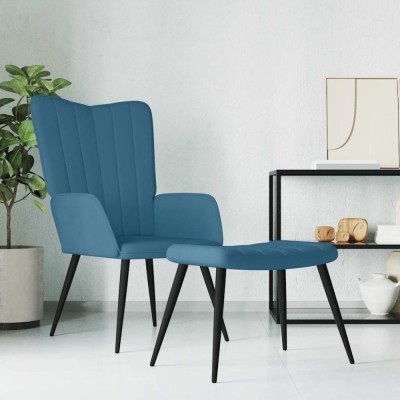 Scaun de relaxare cu taburet, albastru, catifea foto