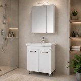 Set mobilier baie GN0541, front MDF, cu lavoar ceramic, 60 cm, 2 usi, 2 rafturi, picioare cromate reglabile, balamale soft close si dulap cu oglinda C
