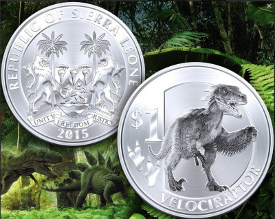 Sierra Leone 1 dollar 2015 Argintiu UNC Velociraptor 40mm foto