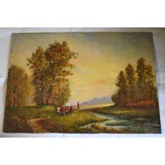 Szehr (pictor maghiar posibil Baia Mare) - Peisaj cu vaci - tablou vechi in ulei