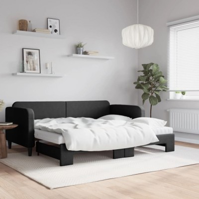 vidaXL Pat de zi cu extensie și saltele, negru, 90x200 cm, textil 3196836 foto