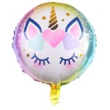 Balon din folie metalizata, flippy, mini figurina rotunda, model unicorn, happy birthday, tematica aniversare, 45 cm, ambalaj individual, pai inclus,