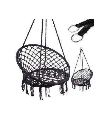 Leagan tip scaun rotund suspendat pentru casa sau gradina, cu franjuri, capacitate 150kg, negru foto