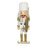 Decorațiune Crăciun, Soldat Lemn, Uniformă Albă Detalii Aurii, Căciulă Blană, 20cm, Oem