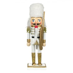 Decorațiune Crăciun, Soldat Lemn, Uniformă Albă Detalii Aurii, Căciulă Blană, 20cm
