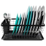 Uscator de vase din metal negru, cu tava detasabila si suport tacamuri, 36x30 cm