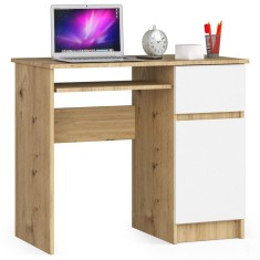 Birou calculator, placa laminata, 1 sertar, 1 dulap cu 2 rafturi, dreapta, stejar artisan si alb, 90x50x77 cm foto