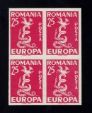 ROMANIA EXILUL ROMANESC EMISIUNEA 12 EUROPA 1958 EROARE CULOARE ROSU IN LOC DE VERDE NEDANTELAT BL 4 MNH