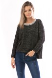 Cumpara ieftin Bluza Dama Asimetrica Neagra cu Strasuri si Colier Aur Alb, Vascoza Lycra, Maneca Lunga. Stil Casual Elegant. Marimi S/M