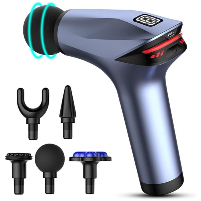 Aparat Masaj Profesional Tip Pistol, 8 Viteze, 5 Capete, Ice Head Gel, 3200 rpm, Ecran LCD, Tonifiere Musculara, Albastru