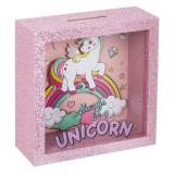 Pusculiță Lemn, Fancy, Model Unicorn, Culoare Roz, Dimensiuni 15x6x15cm, Oem