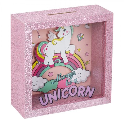 Pusculiță Lemn, Fancy, Model Unicorn, Culoare Roz, Dimensiuni 15x6x15cm foto
