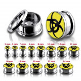 Dop tunel pentru ureche, din oțel - simbol galben-negru de pericol biologic, dimensiuni diferite - Lățime: 8 mm