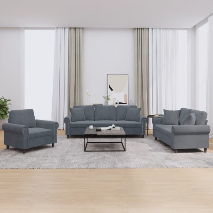vidaXL Set canapea cu perne, 3 piese, gri &icirc;nchis, catifea 3202191