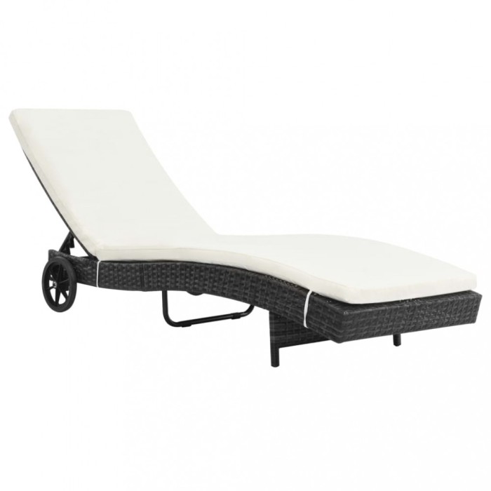 vidaXL Șezlong de plajă cu roți și pernă, negru, poliratan 44454