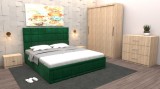 Dormitor Regal cu Pat Tapitat Verde Stofa cu dulap usi glisante Sonoma fara oglinda si cu comoda Tv