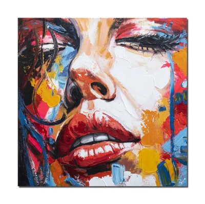 Tablou 3D modern portret femeie, pictat manual in cutit, 90x90cm, gata de expus pe perete foto