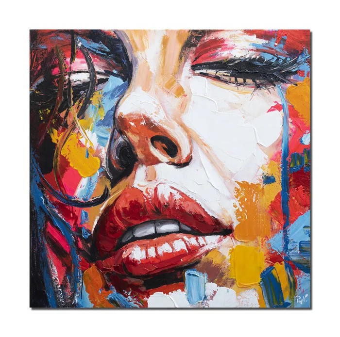Tablou 3D modern portret femeie, pictat manual in cutit, 90x90cm, gata de expus pe perete