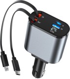 Incarcator Auto Multifunctional 4 in 1 - 120W, Cablu Retractabil USB-C &amp;amp; Lightning, Afisaj Digital, Incarcare Ultra-Rapida, Brivoo&reg;