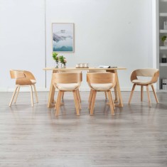 vidaXL Scaune sufragerie 6 buc. lemn curbat crem și piele artificială foto