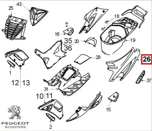 Carena laterala stanga spate originala Peugeot Speedfight - Speedfight 2 - Speedfight - WRC - X-Race - X-Team 2T 50-100cc (galbena)