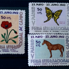 Spania 1962 flori,plante, fluturi fauna animale cai, 3v nestampilat