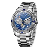 Ceas Automatic Glenaw Multifunctional Silver Blue &ndash; Mecanic, Cadran Albastru, Afisaj Luna/Saptamana/Zi-Noapte, Luminous, 3ATM, 43mm