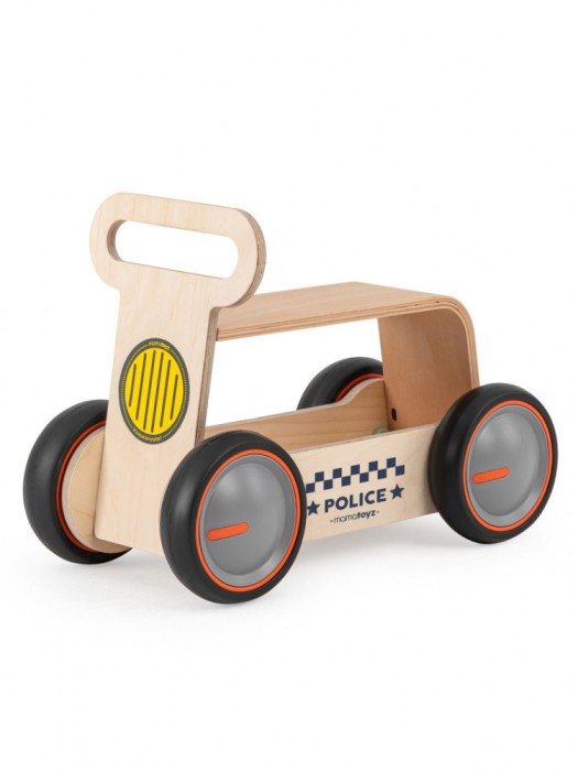 Masinuta ride-on, premergator si carucior de jucarii mamatoyz driveme wood, politie - jucarie din lemn 3 in 1