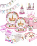 Set 108 piese vesela petrecere Unicorn pentru 10 copii, servirea mesei si decorare cu pahare, farfurii mari si mici, linguri, furculite, cutite, serve