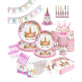 Set 108 piese vesela petrecere Unicorn pentru 10 copii, servirea mesei si decorare cu pahare, farfurii mari si mici, linguri, furculite, cutite, serve