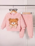 Cumpara ieftin Set pufos bebelusi roz cu ursulet si fundita &ndash; Bluza si pantaloni, calduros