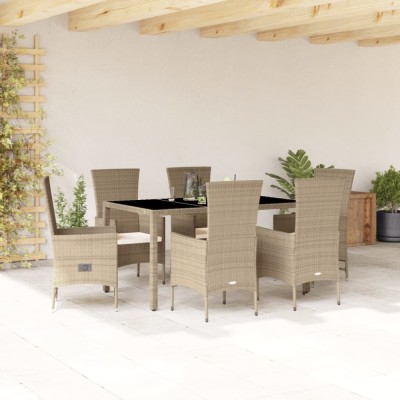vidaXL Set de masă pentru grădină, 7 piese, cu perne, bej, poliratan 3277577 foto