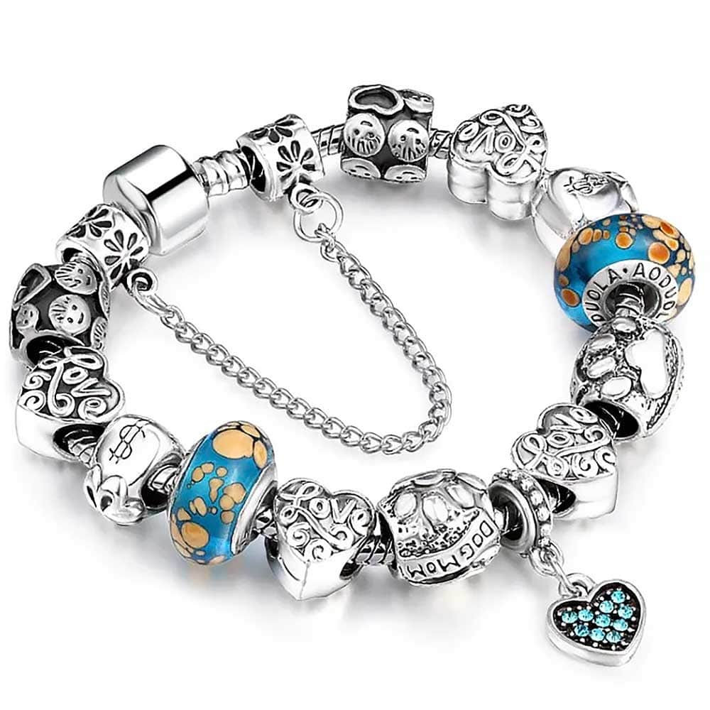 Bratara pentru iubire, tip Pandora, placata cu argint 925 si sticla Murano,  charmuri inima dragoste si simboluri norocoase | Okazii.ro