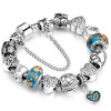 Bratara tip Pandora, placata cu argint 925 si sticla Murano, charmuri inima dragoste si simboluri norocoase