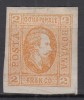 ROMANIA 1865 LP 15 ALEXANDRU IOAN CUZA CUZA EFIGIA IN OVAL 2 PARALE PORTOCALIU LIPSA GUMA, Nestampilat