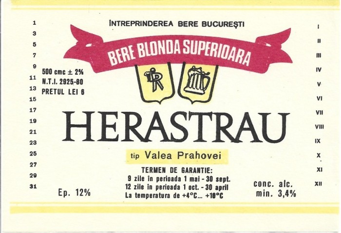 NI480 Etichetă bere superioară Herăstrău, tip Valea Prahovei, &Icirc;ntreprinderea Bere București