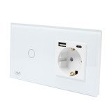Intrerupator touch simplu cu indicator luminos + priza simpla + USB, PNI SH115W, incastrat, rama din sticla inclusa, alb