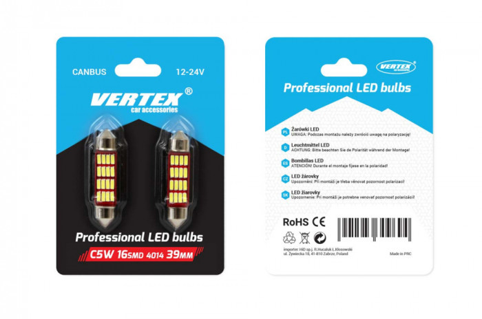 Set 2 becuri auto Vertex LED , C5W SV8.5-8, 12SMD 4014, 2.2W, 39mm, Canbus, 12-24V, leduri alb sofit Festoon