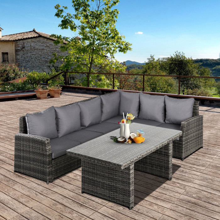 Outsunny Salon de Gradina Set 3 Buc 2 Canapele de Exterior 1 Masa Ratan Gri