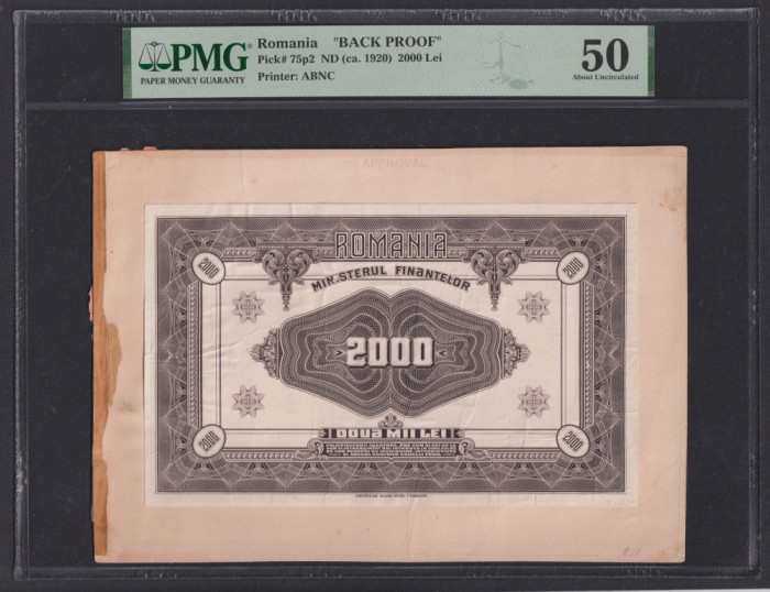 ROMANIA - 2000 lei 1920 , proba FERDINAND I revers unifata tiparita in SUA . RR!