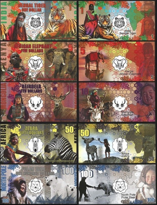 !!! SUA = FANTASY NOTES = SET 5 BANCNOTE ANIMALELE LUMII - 2017 - UNC