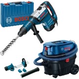 Bosch GBH 8-45 DV + GDE MAX + GAS 12-25 PL - Rotopercutor SDS-Max 1500 W 12.5 J valiza plastic + Adaptor aspirare scule electrice + Aspirator umed-usc