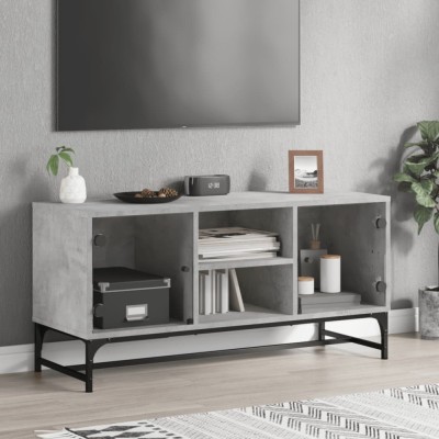 vidaXL Comodă TV cu uși din sticlă, gri beton, 102x37x50 cm foto