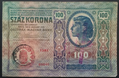 Bancnota 100 COROANE - DubluSupratipar ROMANIA, anul 1912 * cod 157 foto